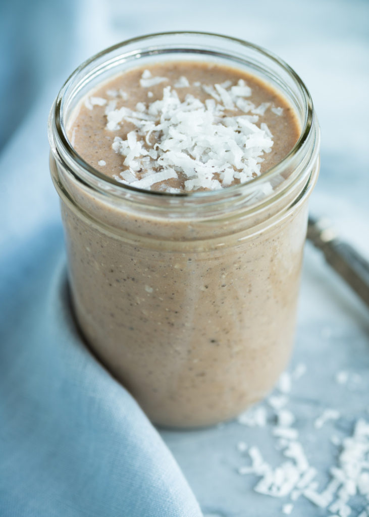 Coconut mocha smoothie for breakfast with fresh coconut