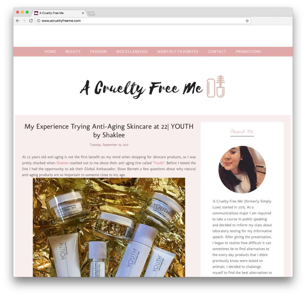 YOUTH® mentioned in popular cruelty-free blog, Shaklee Corporation