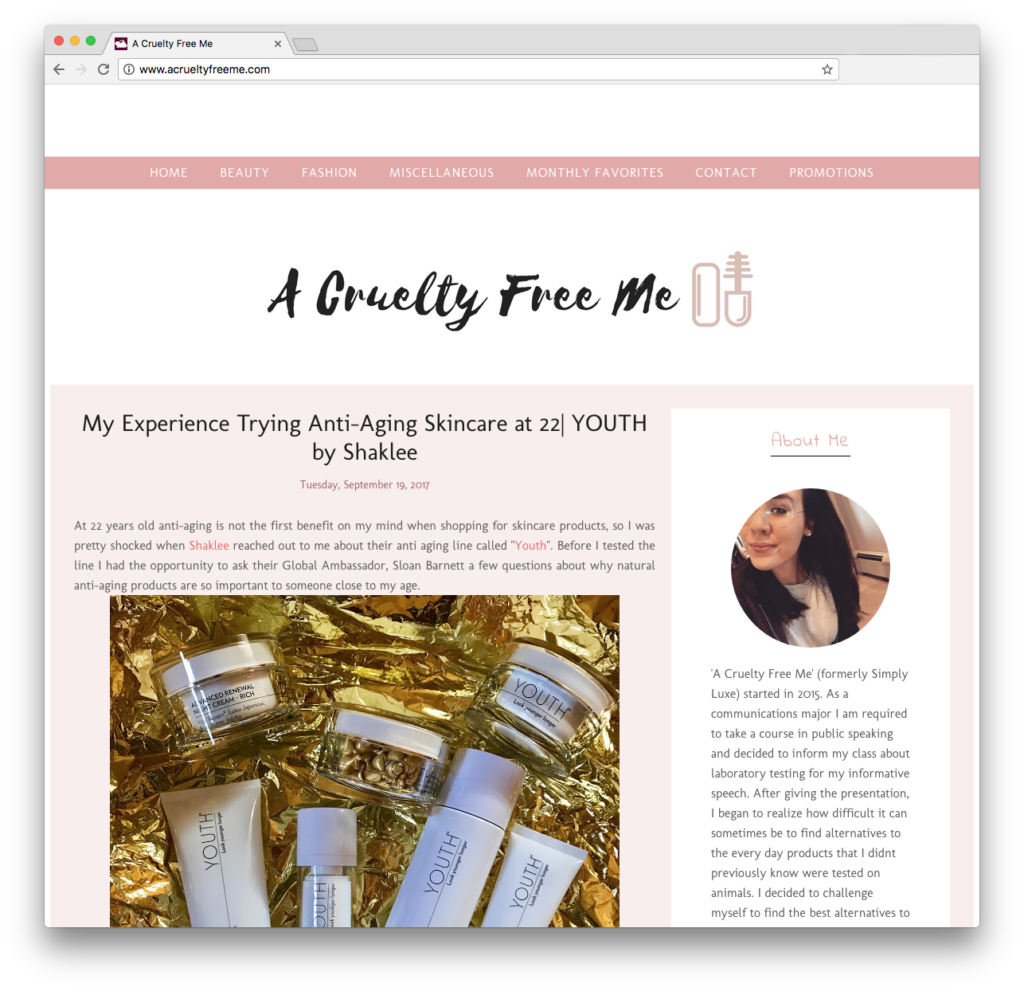 YOUTH® mentioned in popular cruelty-free blog