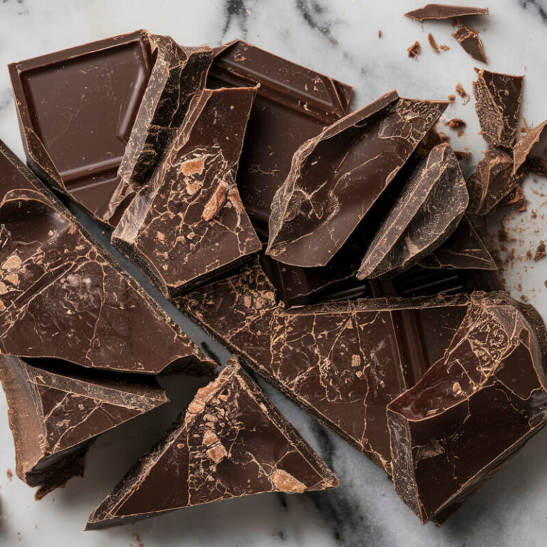 Irregular shards of dark chocolate scattered on a white marble surface.
