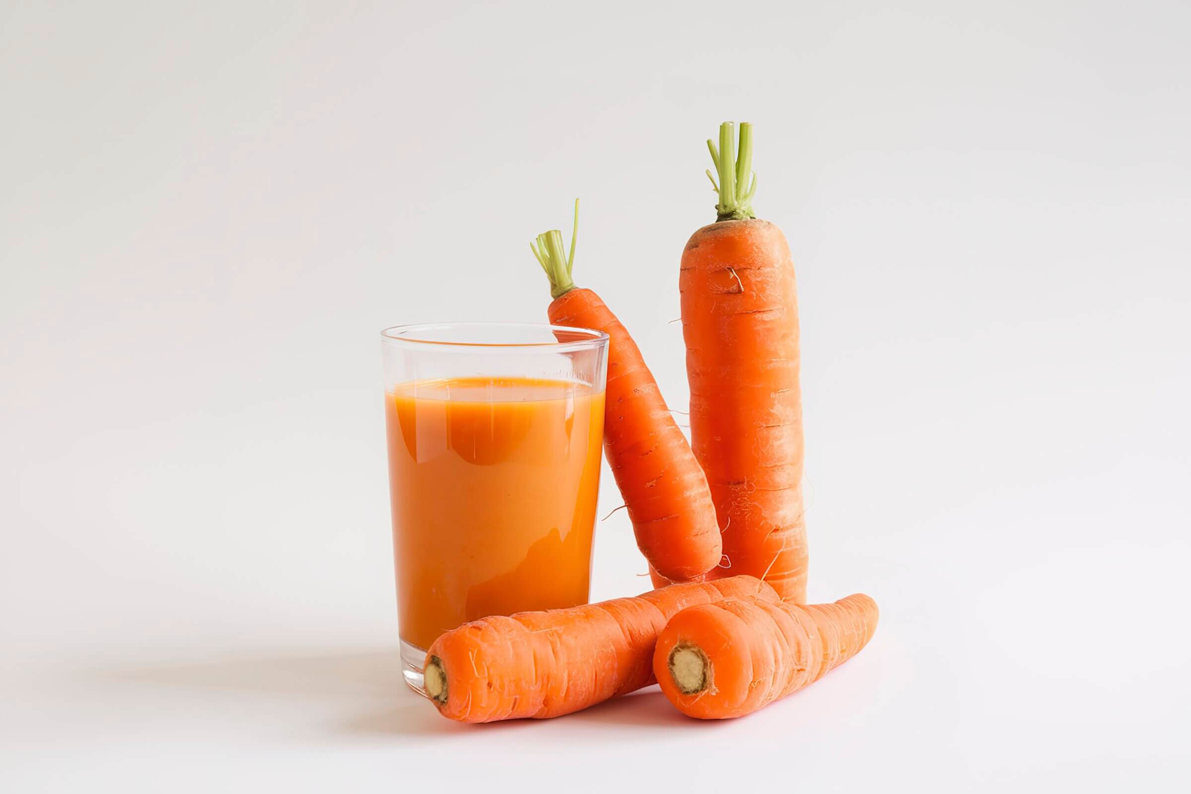 A glass of carrot juice sits beside several fresh carrots on a white background.
