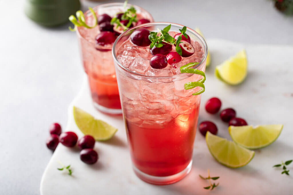 Cranberry and lime cocktail or mocktail, festive refreshing drink idea for the holiday dinner