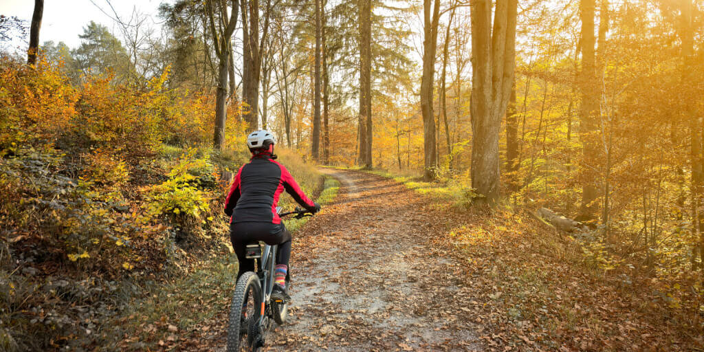 woman riding mountain bike in autumn forest