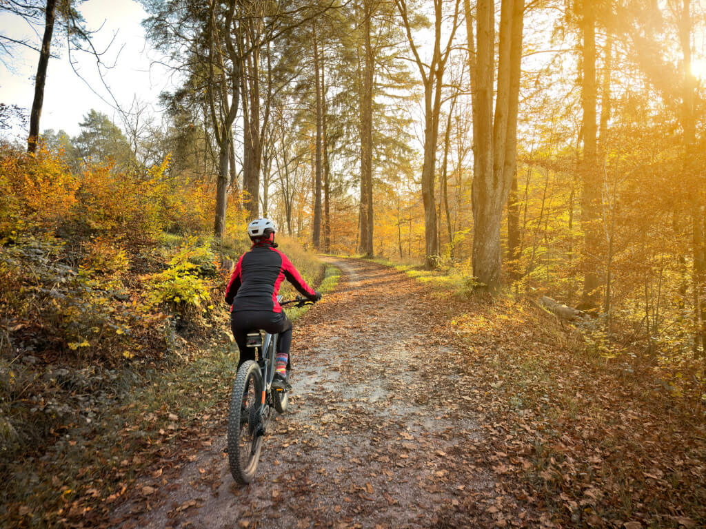 woman riding mountain bike in autumn forest