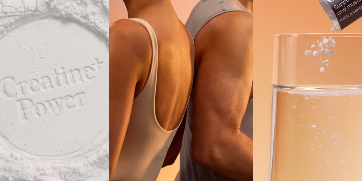 Collage featuring creatine powder, two fit individuals standing back-to-back, and a glass of water with a dissolving creatine packet.