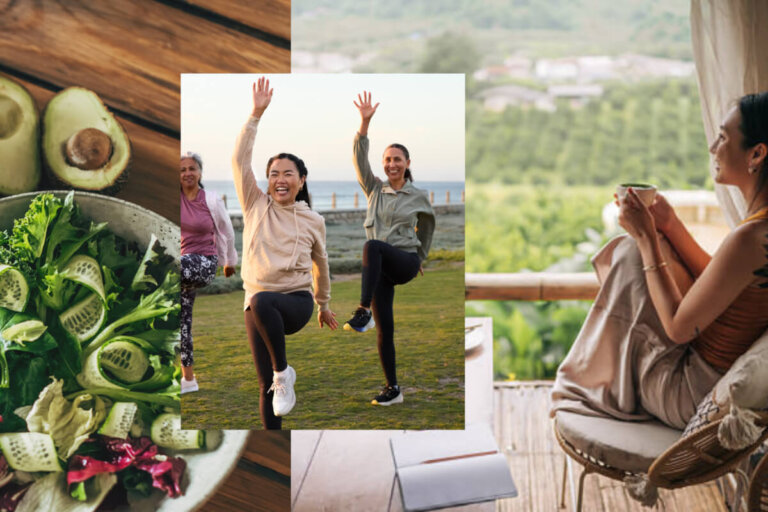 A collage showing a fresh avocado and greens salad, three friends jumping for joy outdoors, and a woman relaxing with a cup on a balcony.