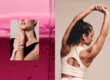 Split image showing a woman touching her neck against a pink background on the left, and a fit woman with arms raised in a stretch on the right.