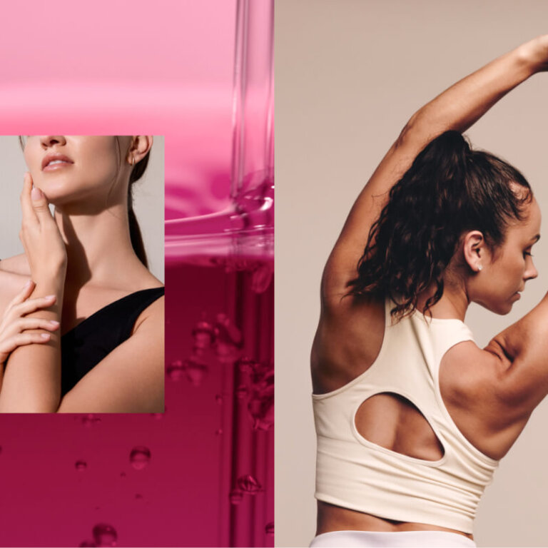 Split image showing a woman touching her neck against a pink background on the left, and a fit woman with arms raised in a stretch on the right.