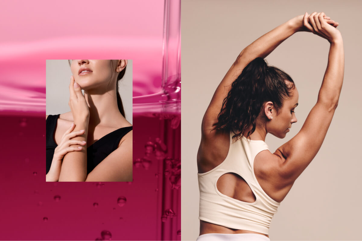 Split image showing a woman touching her neck against a pink background on the left, and a fit woman with arms raised in a stretch on the right.